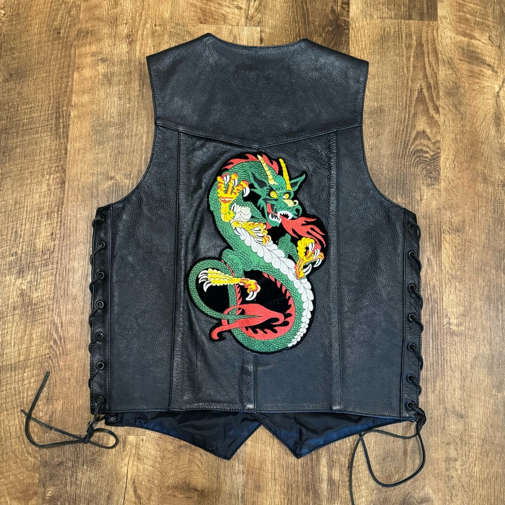 Vtg FMC Mens Leather Biker Moto Vest Sz 36 Patch Lace Up Concho Dragon